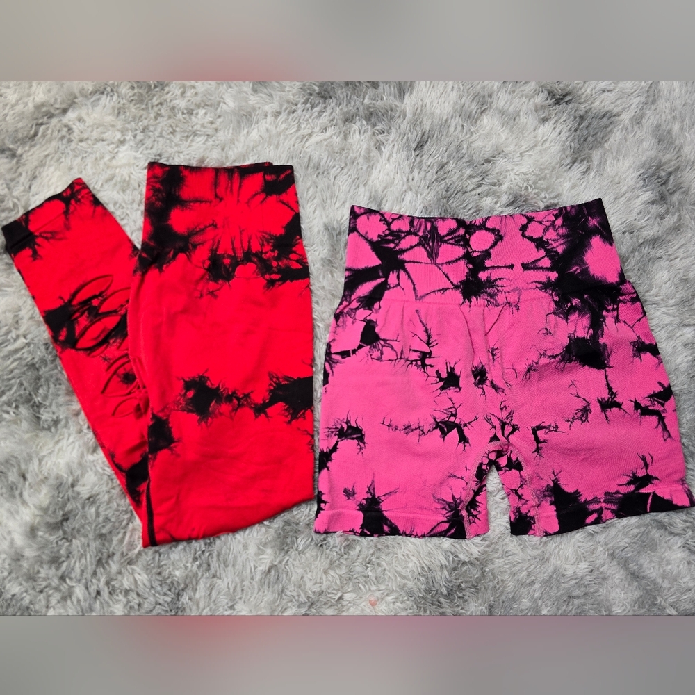 Tie-Dye Leggings and Shorts Set - Red and Pink